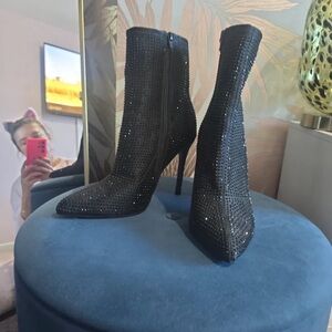 Women's Black Rhinestone Stiletto Ankle Boots